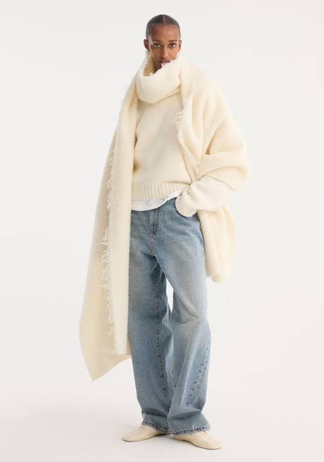Fringe wool blend poncho | Cream