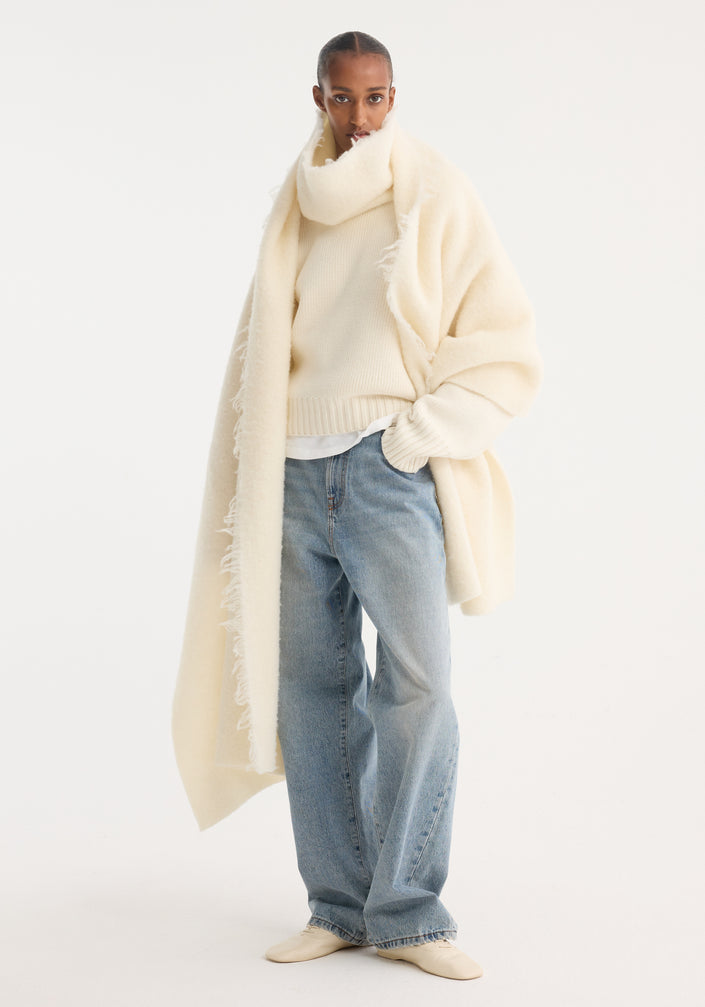 Fringe wool blend poncho | Cream