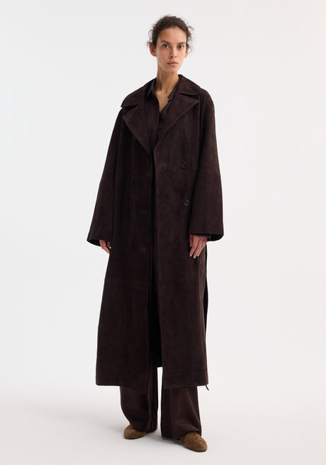Suede belted wrap coat | dark chocolate