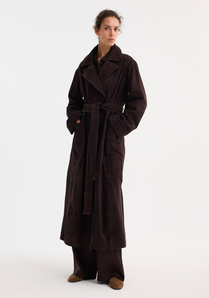 Suede belted wrap coat | dark chocolate