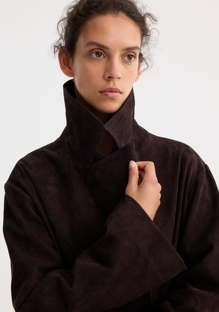 Suede belted wrap coat | dark chocolate