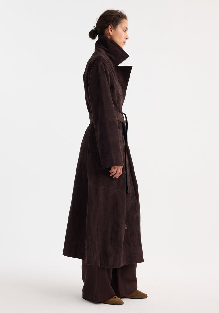 Suede belted wrap coat | dark chocolate