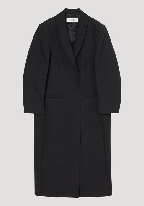 Signature opera coat | black: Full-length, single-breasted overcoat with shawl collar, single waist button, slit pockets, and interior label RÓHE. Tailored for elegant layering.