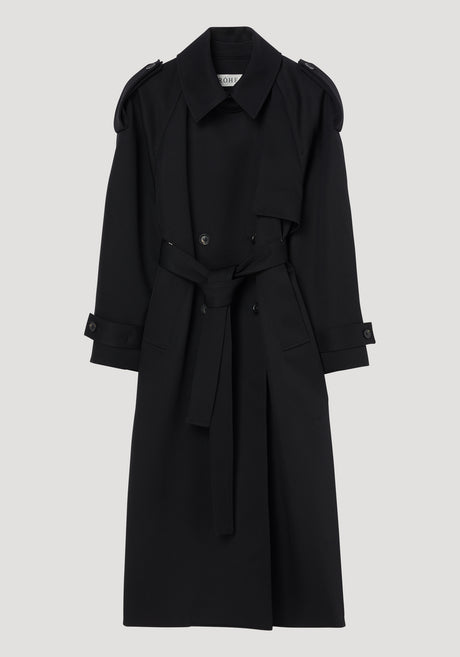 Oversized classic trench | black: Long, double-breasted coat with shoulder epaulets, buttoned cuffs, flap pockets, and wrap belt, showcasing a structured, elegant silhouette.