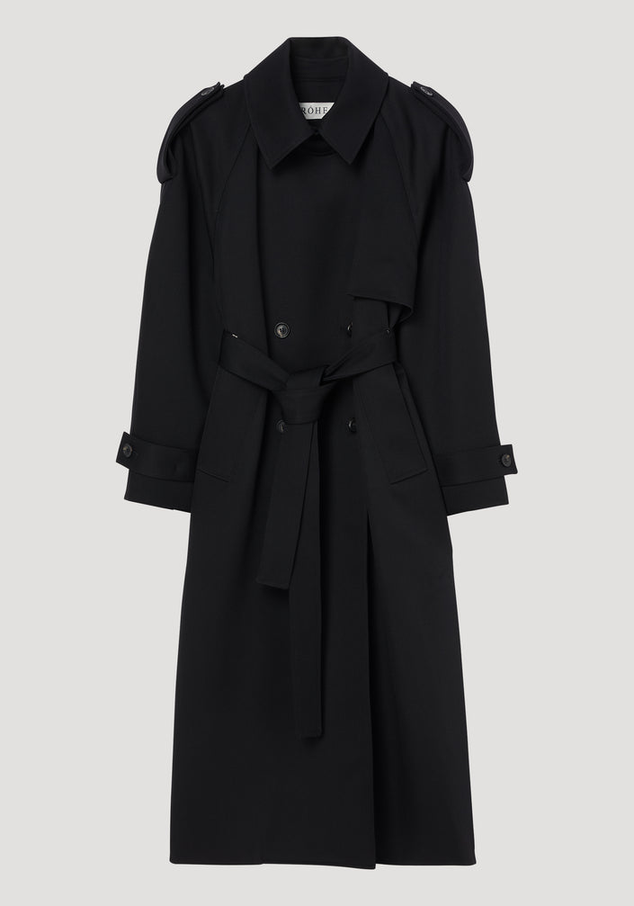 Oversized classic trench | black: Long, double-breasted coat with shoulder epaulets, buttoned cuffs, flap pockets, and wrap belt, showcasing a structured, elegant silhouette.