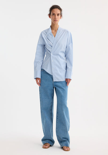 Overlap striped shirt | fine blue stripe