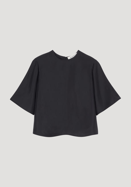 Buttoned silk top | black with elbow-length flared sleeves, round neckline, and intricate back button detailing, showcasing a loose, flowing silhouette for a refined look.