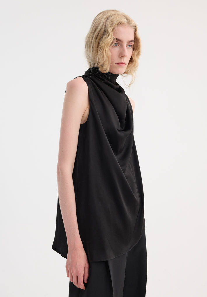 Sleeveless draped satin top | black