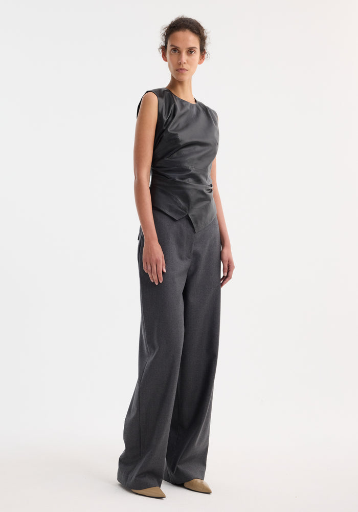 Sleeveless draped leather top | black