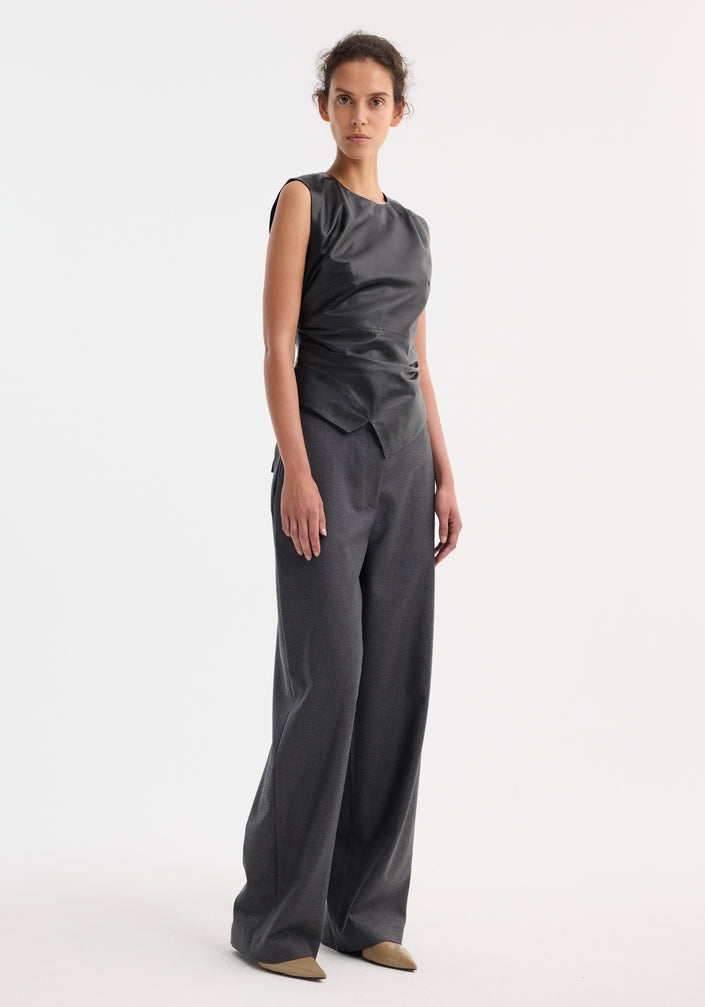Sleeveless draped leather top | black