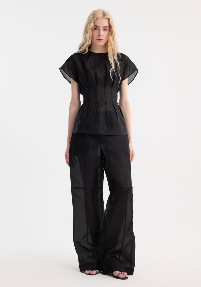 Pleated waistline organza silk top | black