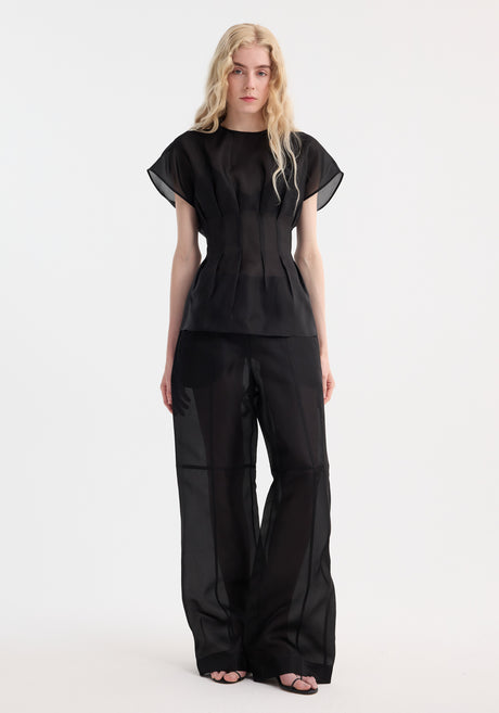 Pleated waistline organza silk top | black