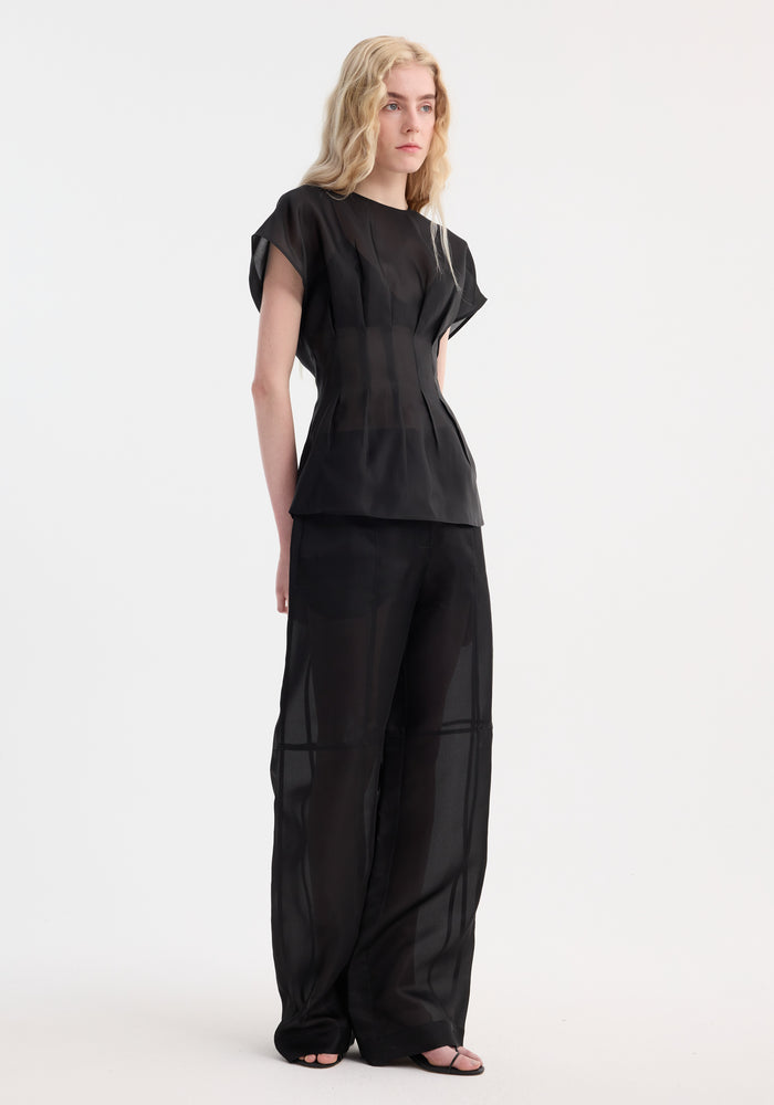 Pleated waistline organza silk top | black