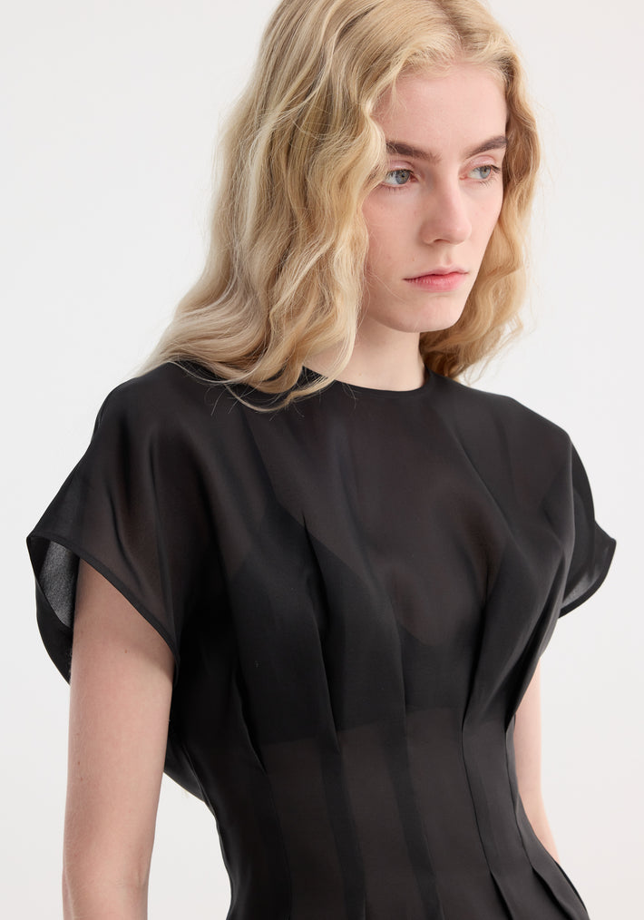 Pleated waistline organza silk top | black