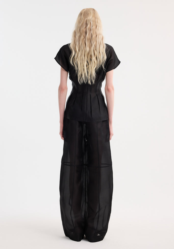 Pleated waistline organza silk top | black