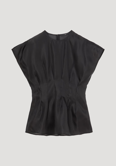 Pleated waistline organza silk top | black