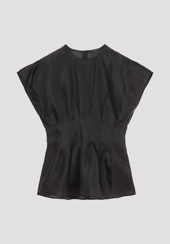 Pleated waistline organza silk top | black