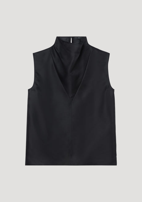 Organza silk top | black: A sleeveless top with a high cowl neck and deep V-shaped front cutout, made from 100% silk organza.