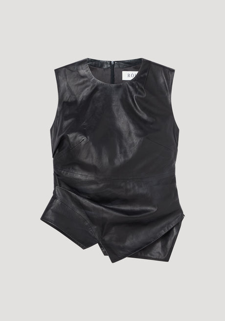 Sleeveless draped leather top | black