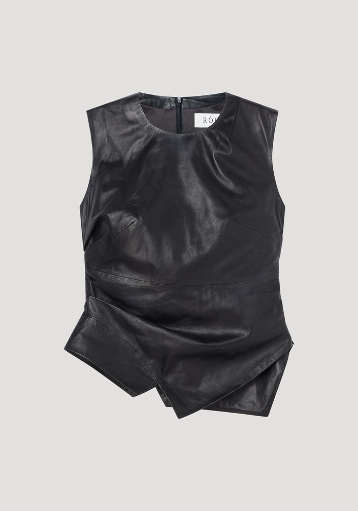 Sleeveless draped leather top | black