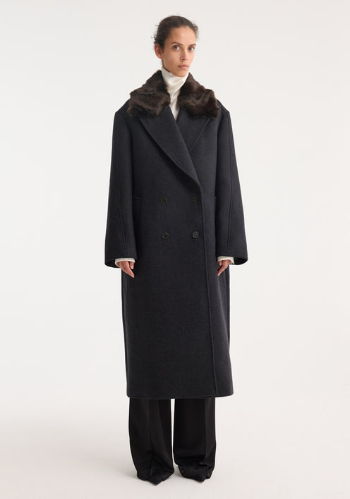 Double-breasted coat with faux fur collar | anthracite melange