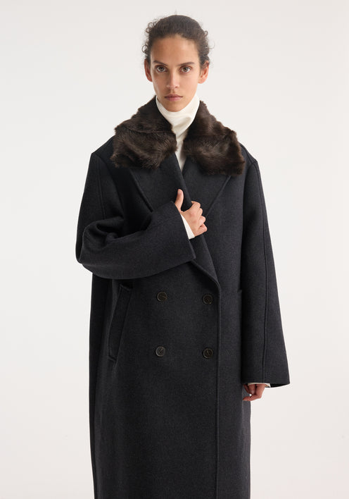Double-breasted coat with faux fur collar | anthracite melange
