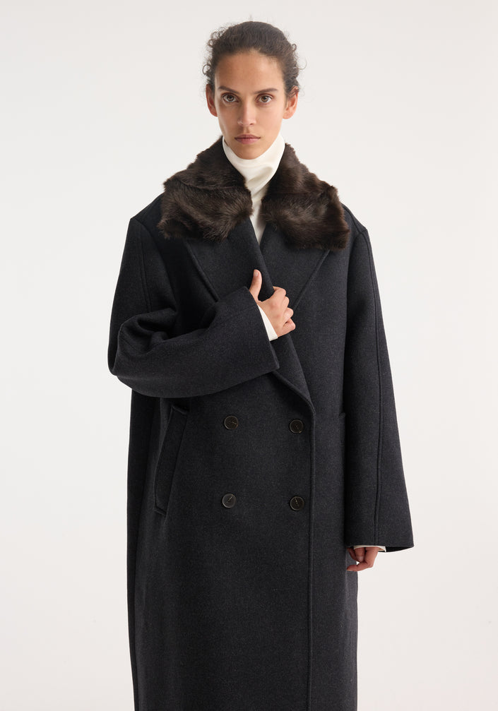 Double-breasted coat with faux fur collar | anthracite melange
