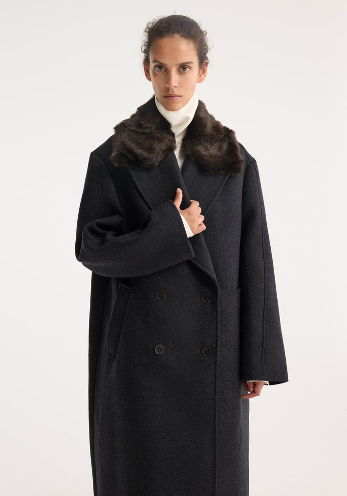 Double-breasted coat with faux fur collar | anthracite melange