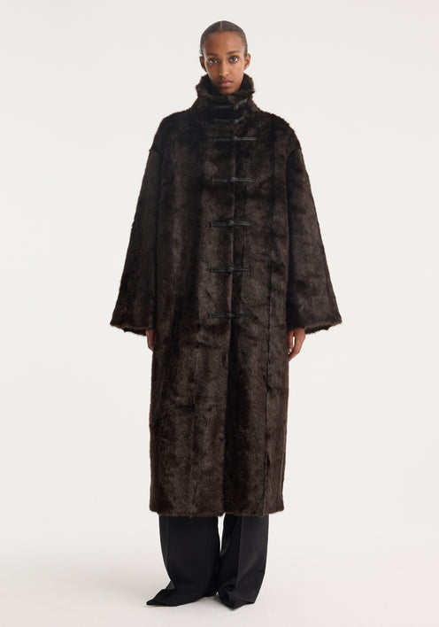 Mandarin faux fur coat | dark brown