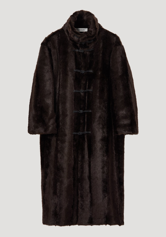 Mandarin faux fur coat | dark brown