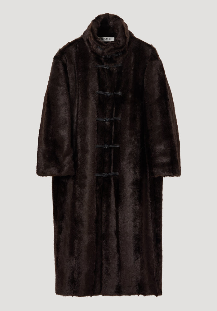 Pankou closure faux fur coat | dark brown, featuring a long, plush design with a stand-up collar, toggle-style pankou closures, and an oversized fit.
