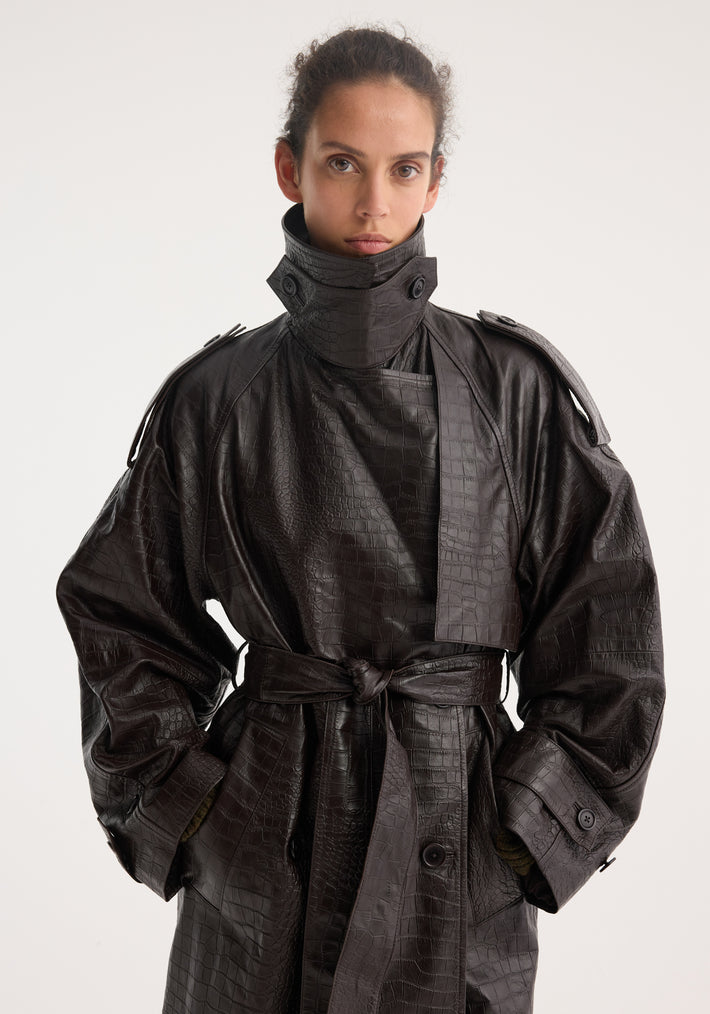 Leather croco trenchcoat | mahogany