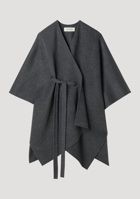 Double-faced belted poncho in mid grey melange, featuring a wrap style, wide sleeves, and a tie waist, crafted from a wool-cashmere blend.