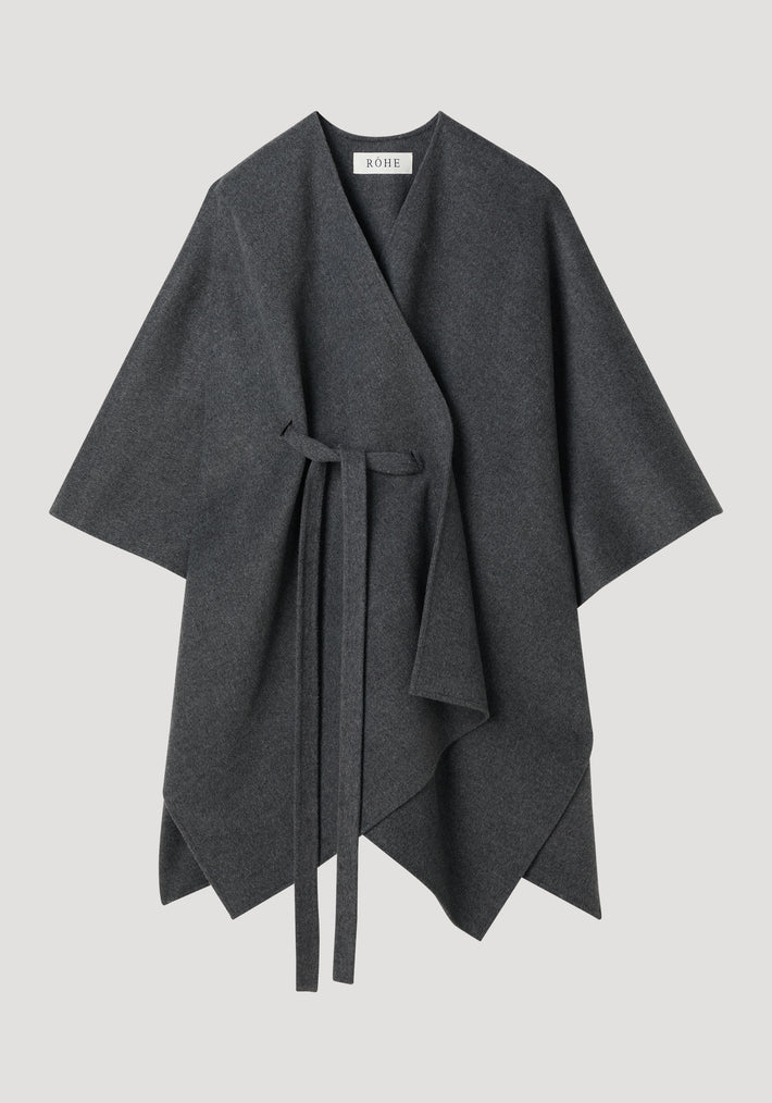 Double-faced belted poncho in mid grey melange, featuring a wrap style, wide sleeves, and a tie waist, crafted from a wool-cashmere blend.