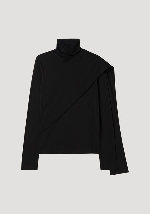 Soft jersey scarf top in black, featuring a long-sleeved turtleneck with an asymmetric triangular drape panel sweeping across the front for a layered look.