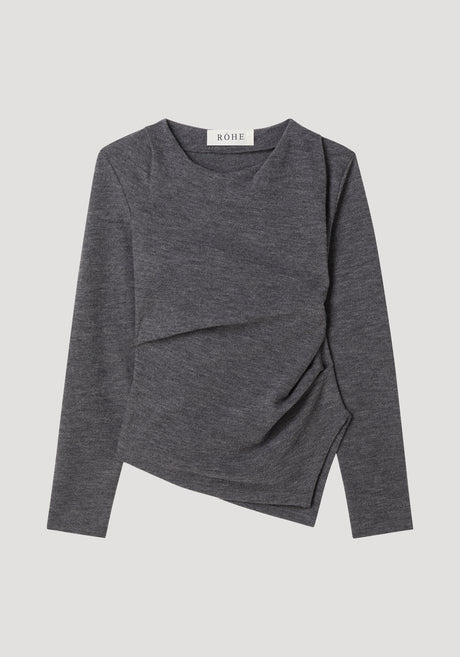 Reinvented twisted top in dark grey melange, featuring a crew neckline, asymmetrical layered front, and twisted drape effect, highlighting a fitted silhouette with pointed hem.