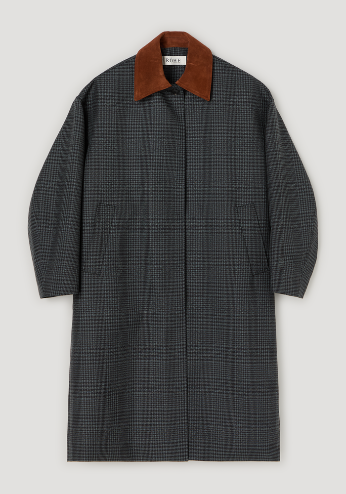 Suede collar check coat | black / grey check with oversized fit, rust-brown suede collar, hidden buttons, slant pockets, and softly structured silhouette. Model height: 178cm, size 38.