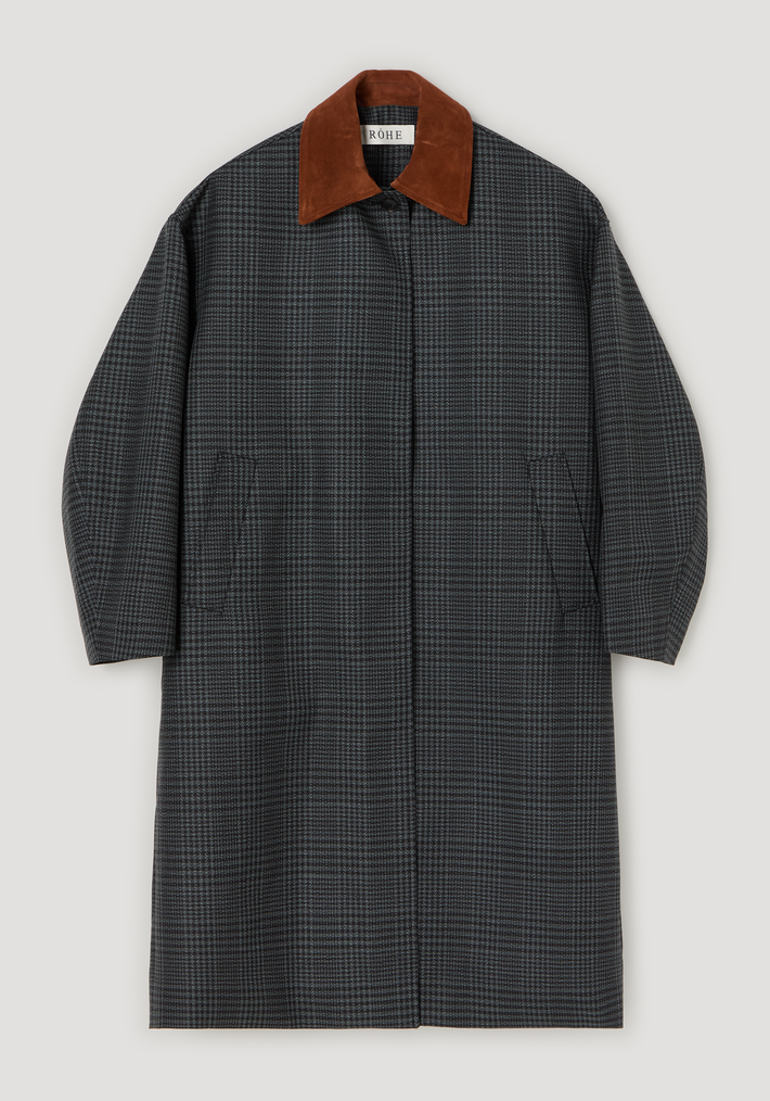 Suede collar check coat | black / grey check