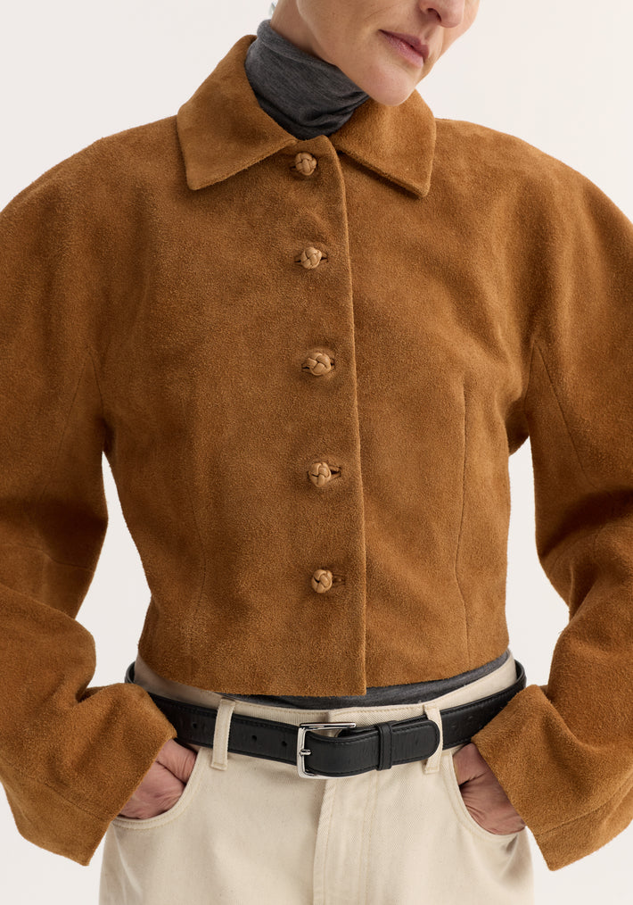 Rounded textured suede jacket | cognac