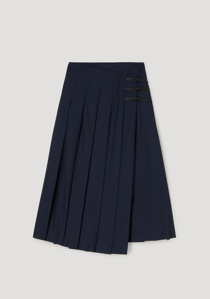 Pleated wool skirt with leather closures | navy