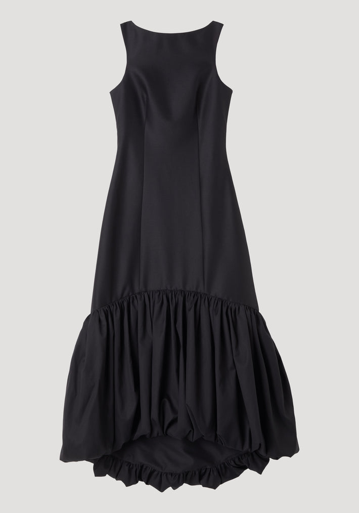 Voluminous dress | black: Sleeveless design with a boat neckline and fitted bodice, features a bubble-style peplum hem, crafted from 93% virgin wool and 7% silk.