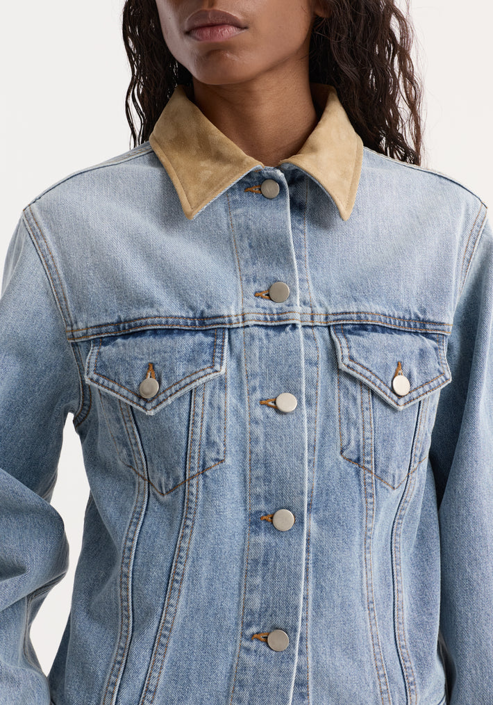 Suede collar fitted denim jacket | classic blue