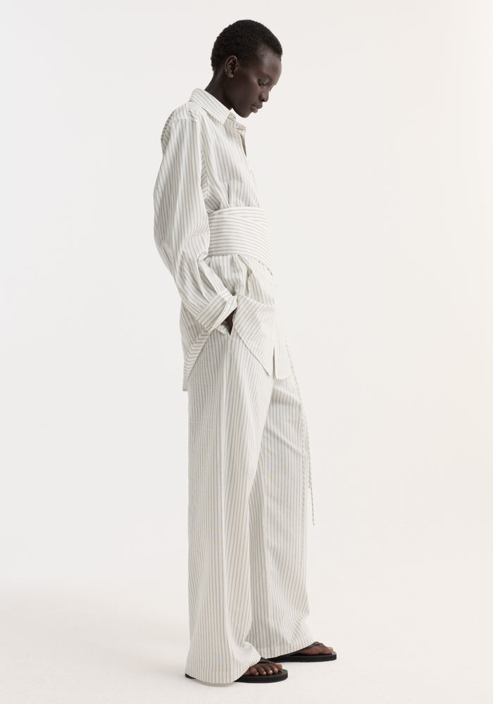Silk stripe belted shirt | fine stripe