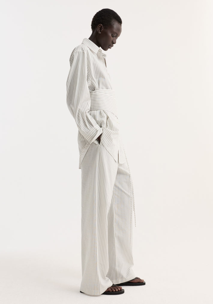 Silk stripe belted shirt | fine stripe