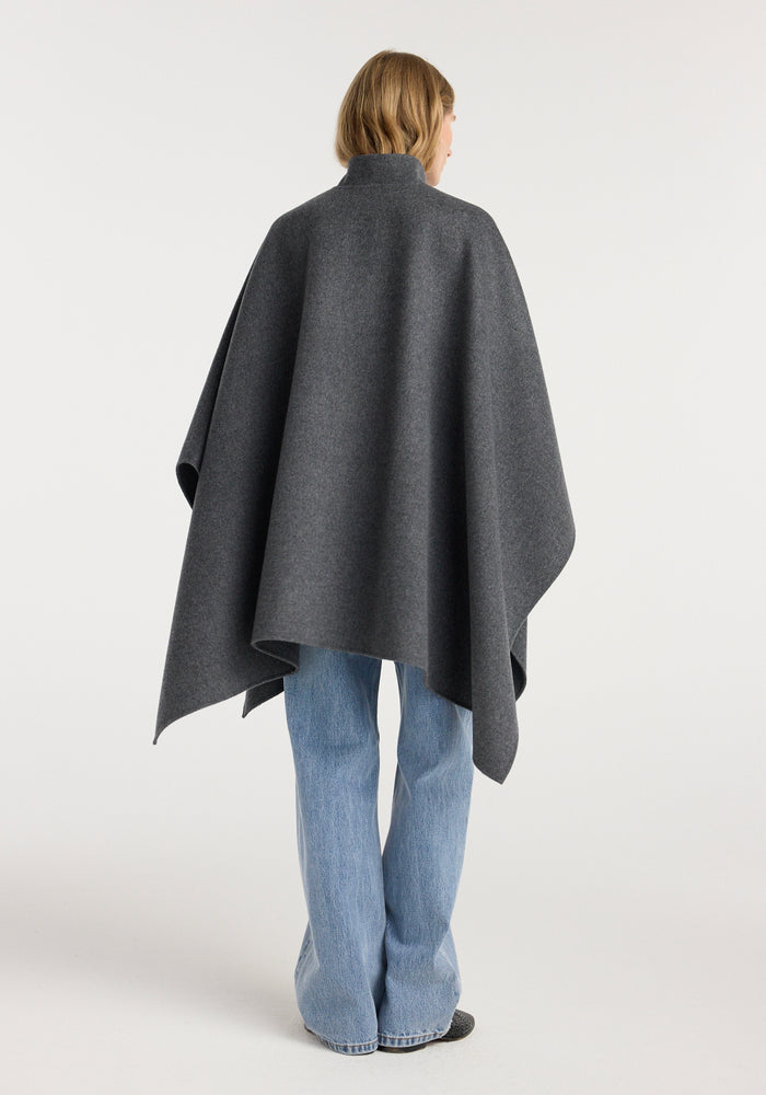 Double-faced wool pankou closure poncho | dark grey melange