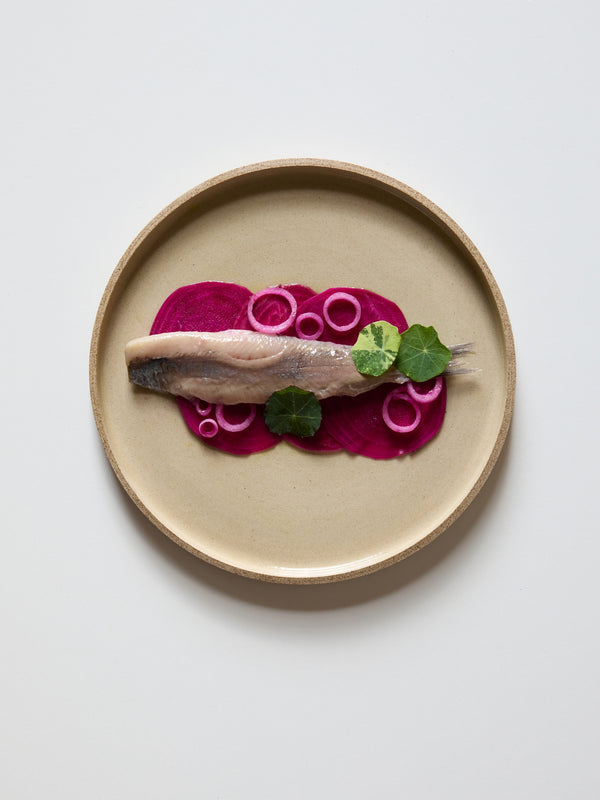 Róhe Cookbook | red: Showcases a minimalist dish featuring a fish fillet with pickled beetroot and garnishes, embodying reimagined Dutch recipes from the 17th-century Huis de Vicq.