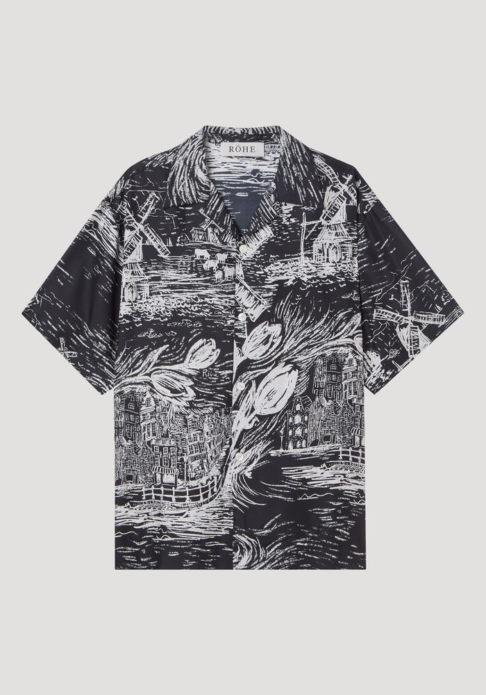 Oversized camp collar short sleeve silk shirt | black / creme Holland print