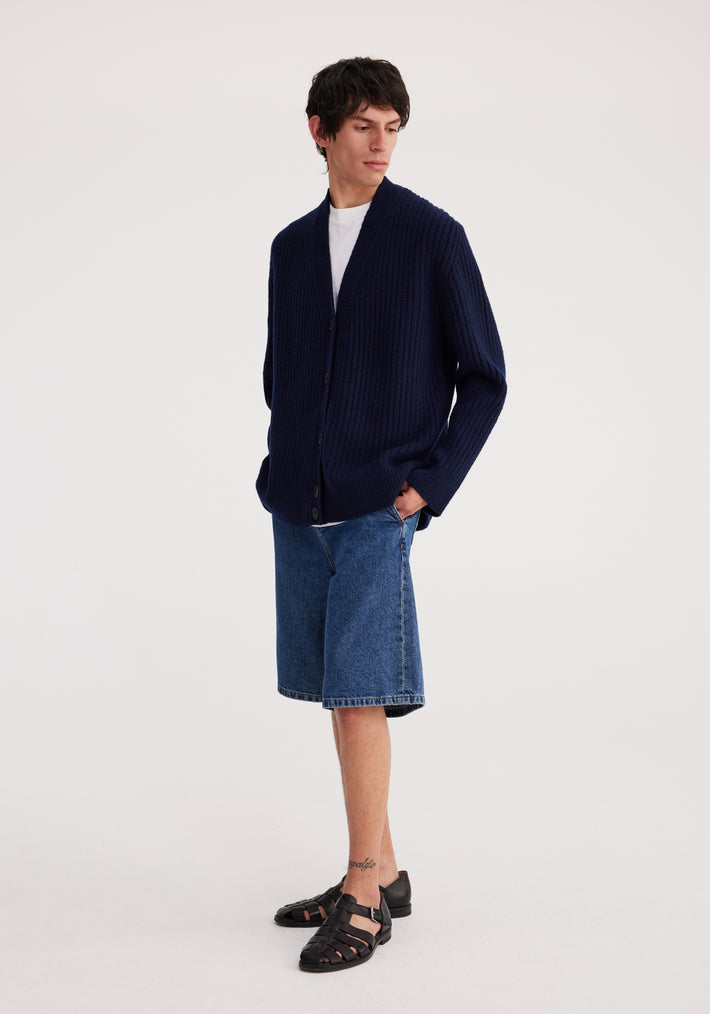 Ribbed boiled wool knitted cardigan | marine blue