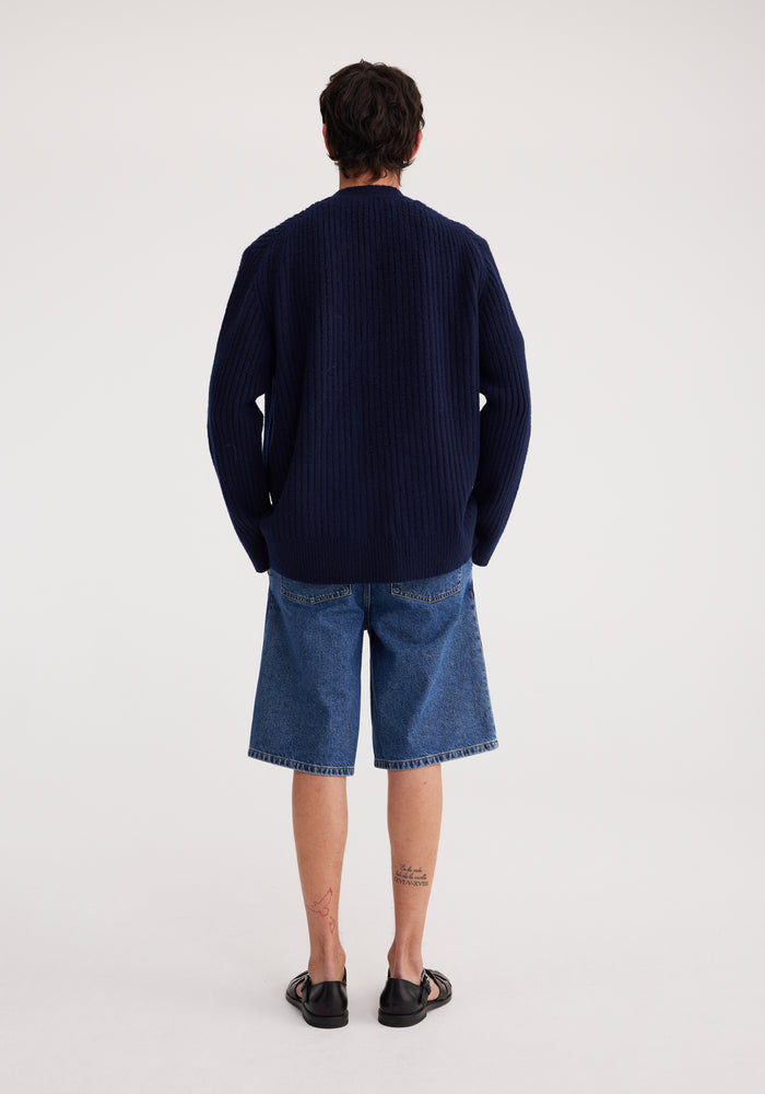 Ribbed boiled wool knitted cardigan | marine blue