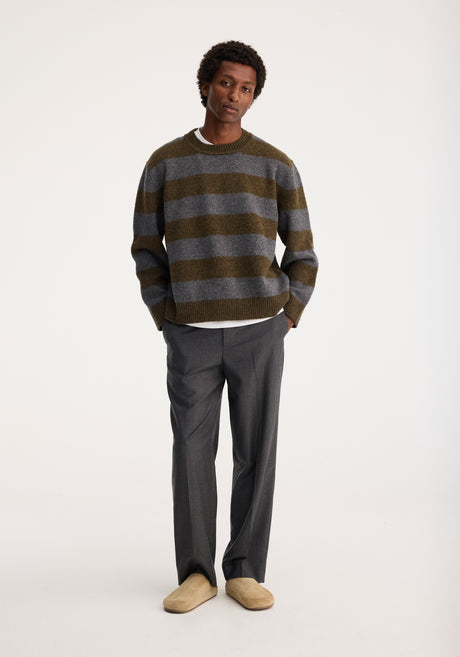 Oversized striped knitted crew neck | grey / green stripe